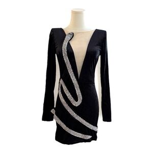 Black Velvet Crystal Snake Mini Dress Embellish Beaded Rhinestone Plunging Glam